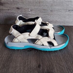 Crocs XTG LoPro Golf Sandal Women's 10 Cream Leather, Gray & Blue Shoes